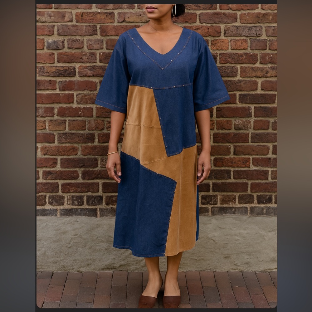 Vintage Patchwork Denim Suede Patchwork Dress Lag… - image 1